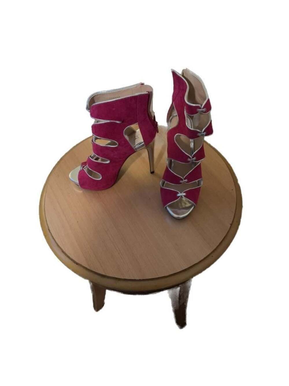 Scene by ShoeDazzle Fuchsia Suede Cut-Out Platform Heels with Silver Piping
